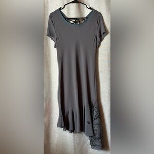 People's Liberation•sheer asymmetrical sheath dress•medium•gray w/black•lace up